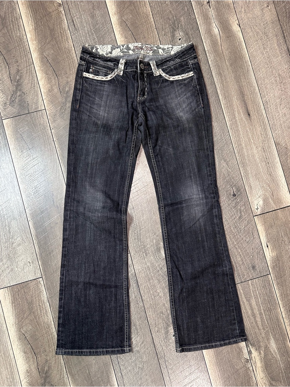 Miss Me Black Wash Lace Trim Low Rise Flare Jeans